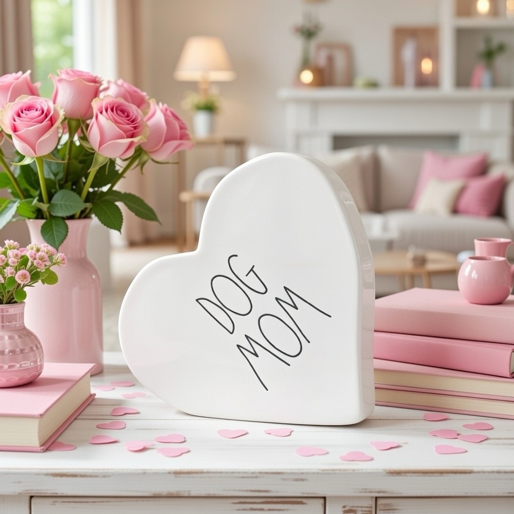 Rae Dunn DOG MOM Ceramic Heart Freestanding Decor